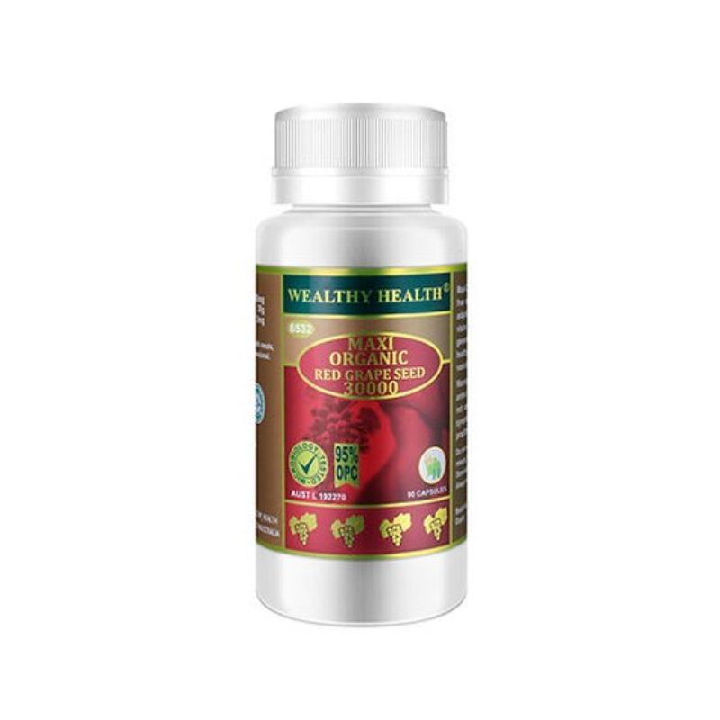 Wealthy Health Maxi Organic Red Grape Seed 30000 90 Capsules premium Australian grape seed dietary supplement in easy-to-swallow capsules.
