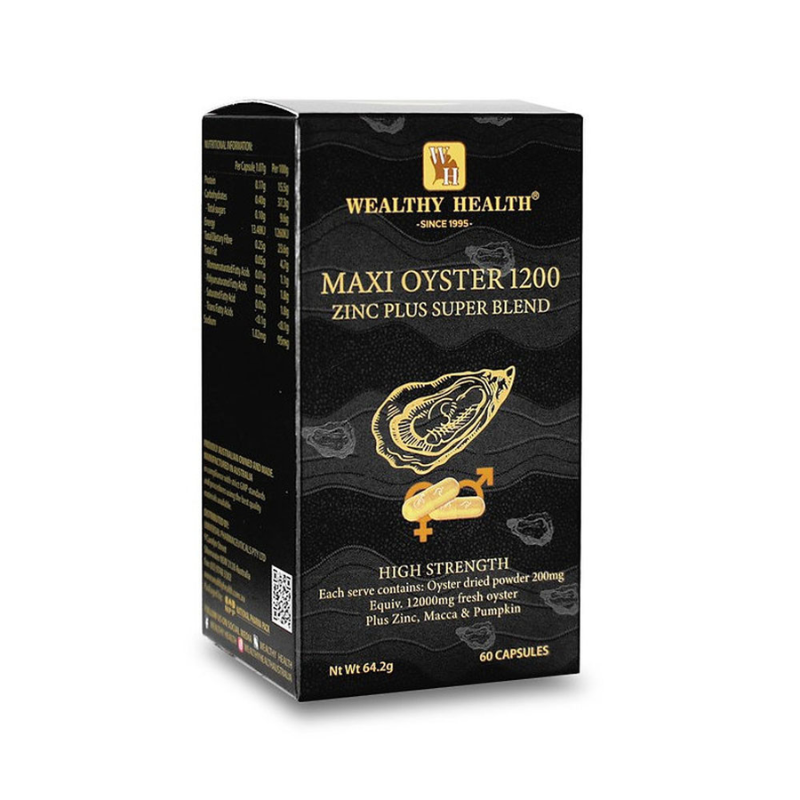 Wealthy Health Maxi Oyster 1200 Zinc Plus Super Blend 60 Capsules premium Australian oyster and zinc dietary supplement.