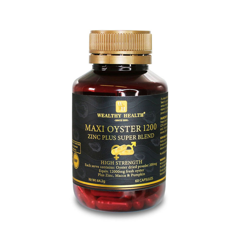 Wealthy Health Maxi Oyster 1200 Zinc Plus Super Blend 60 Capsules premium Australian oyster and zinc dietary supplement.
