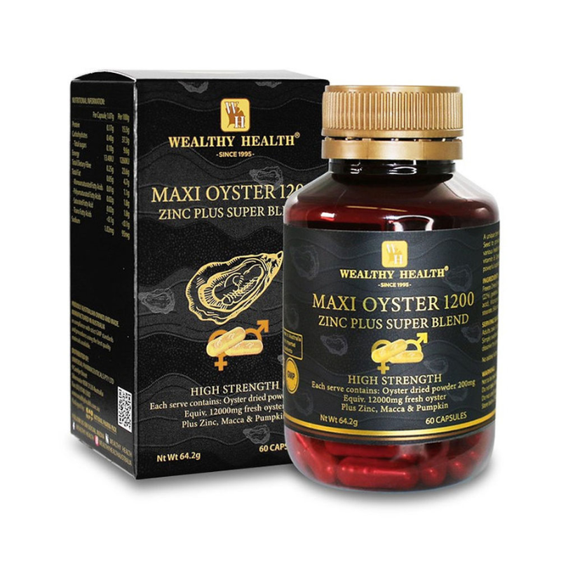 Wealthy Health Maxi Oyster 1200 Zinc Plus Super Blend 60 Capsules premium Australian oyster and zinc dietary supplement.