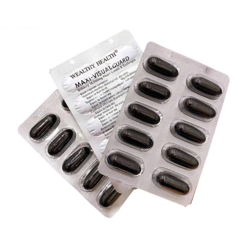 Wealthy Health Maxi Visual Guard Bilberry 10000 Plus 60 Capsules eye health supplement with bilberry, lutein, fish oil, and antioxidants to support vision and macular health.
