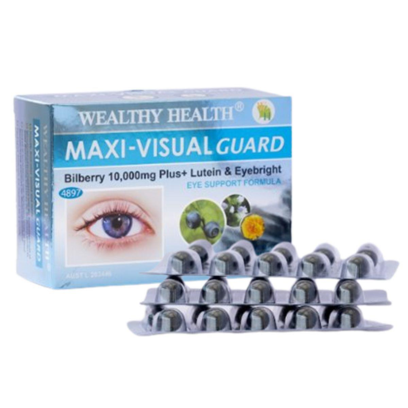 Wealthy Health Maxi Visual Guard Bilberry 10000 Plus 60 Capsules eye health supplement with bilberry, lutein, fish oil, and antioxidants to support vision and macular health.