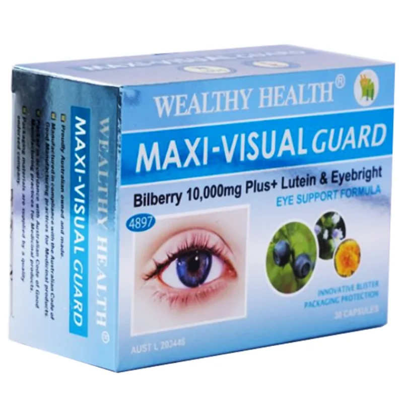 Wealthy Health Maxi Visual Guard Bilberry 10000 Plus 60 Capsules eye health supplement with bilberry, lutein, fish oil, and antioxidants to support vision and macular health.
