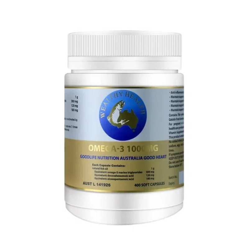 Wealthy Health Omega-3 1000mg 400 Soft Capsules premium Australian fish oil supplement supporting heart, brain, eye, and joint health.