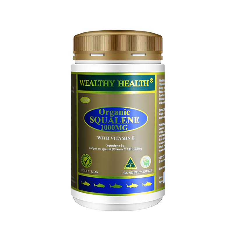 Wealthy Health Organic Squalene 1000mg with Vitamin E 365 Capsules premium Australian dietary supplement with organic squalene and vitamin E in soft capsules.