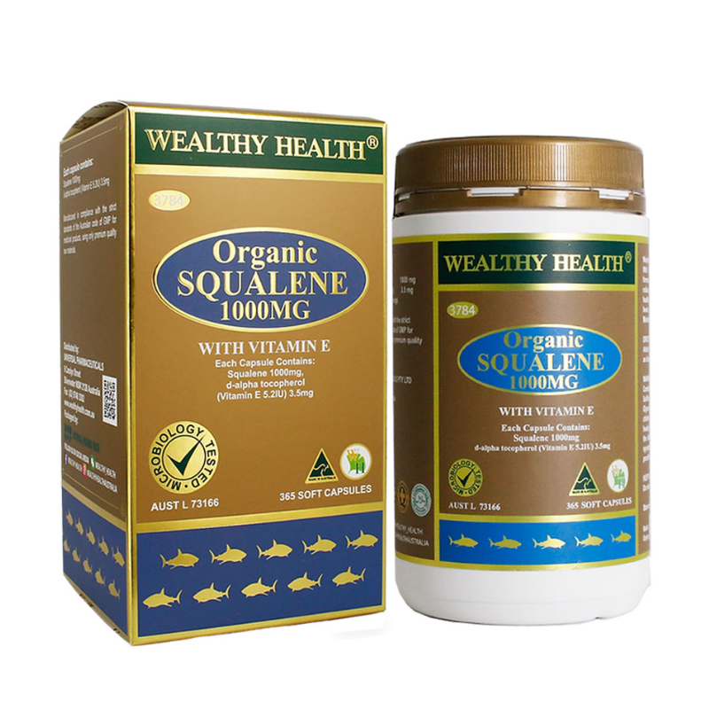 Wealthy Health Organic Squalene 1000mg with Vitamin E 365 Capsules premium Australian dietary supplement with organic squalene and vitamin E in soft capsules.
