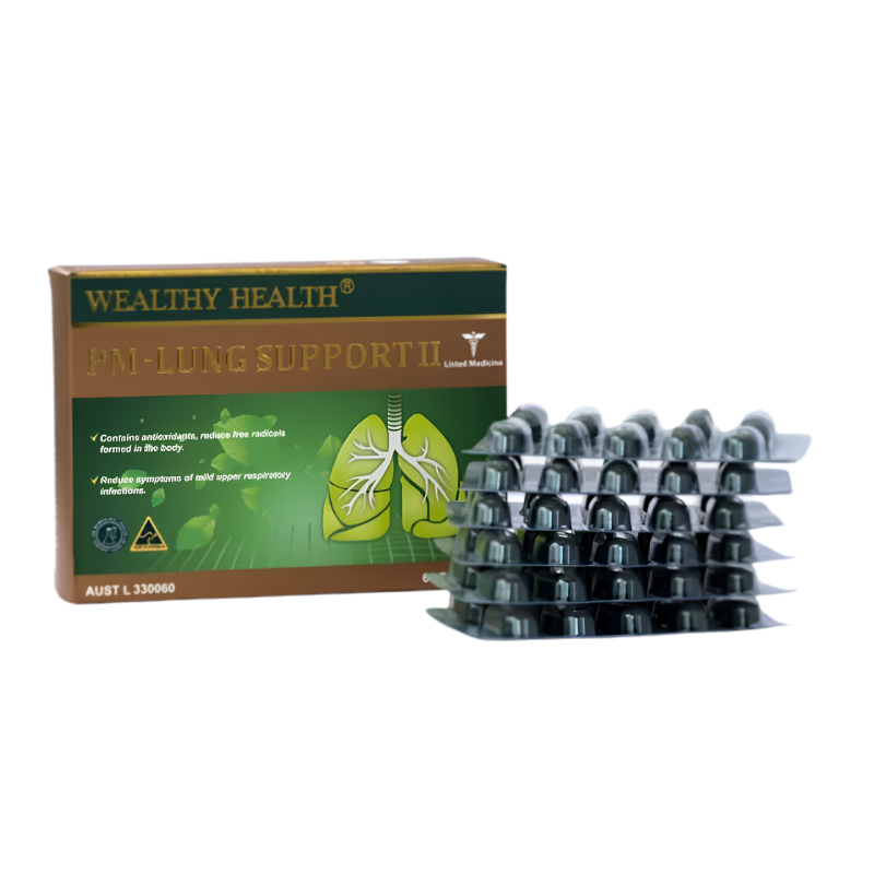 Wealthy Health PM Lung Support 60 Tablets premium Australian herbal dietary supplement with selected botanical ingredients in an easy-to-take tablet format.