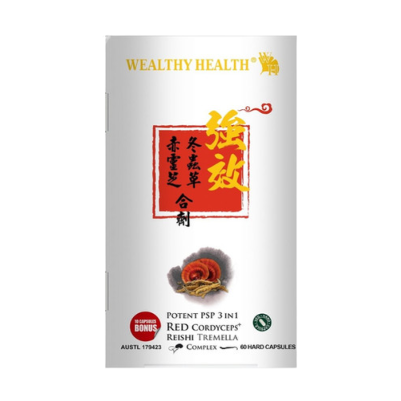 Wealthy Health Potent PSP 3 in 1 Red Cordyceps Reishi Tremella 60 Capsules premium Australian mushroom dietary supplement.