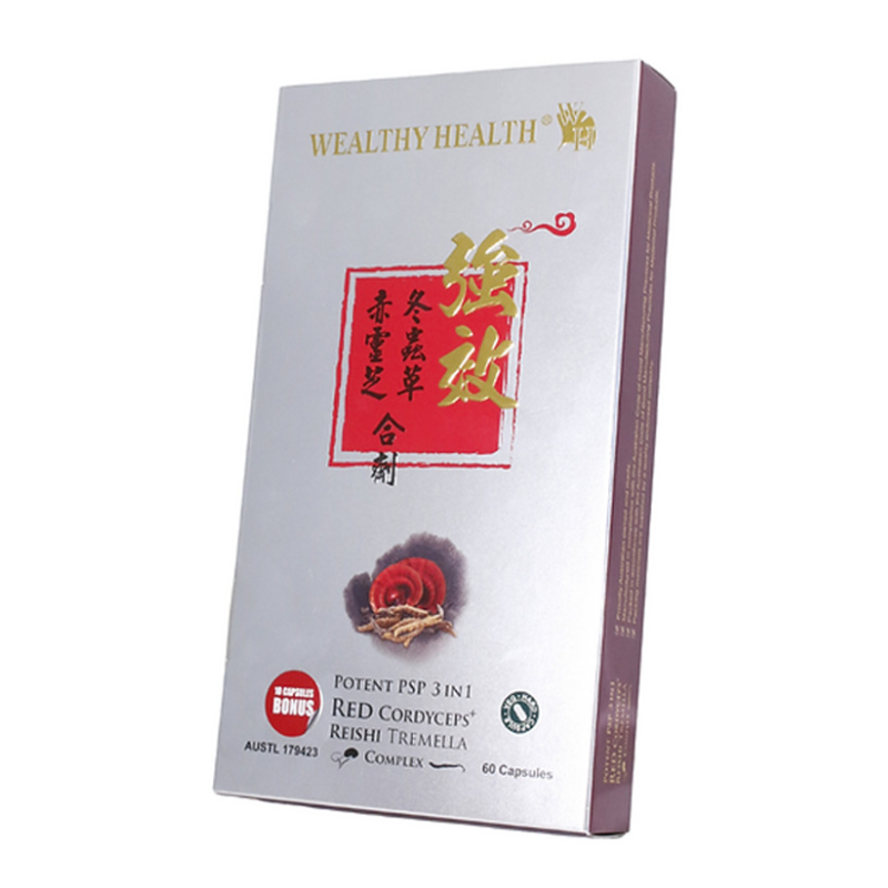 Wealthy Health Potent PSP 3 in 1 Red Cordyceps Reishi Tremella 60 Capsules premium Australian mushroom dietary supplement.