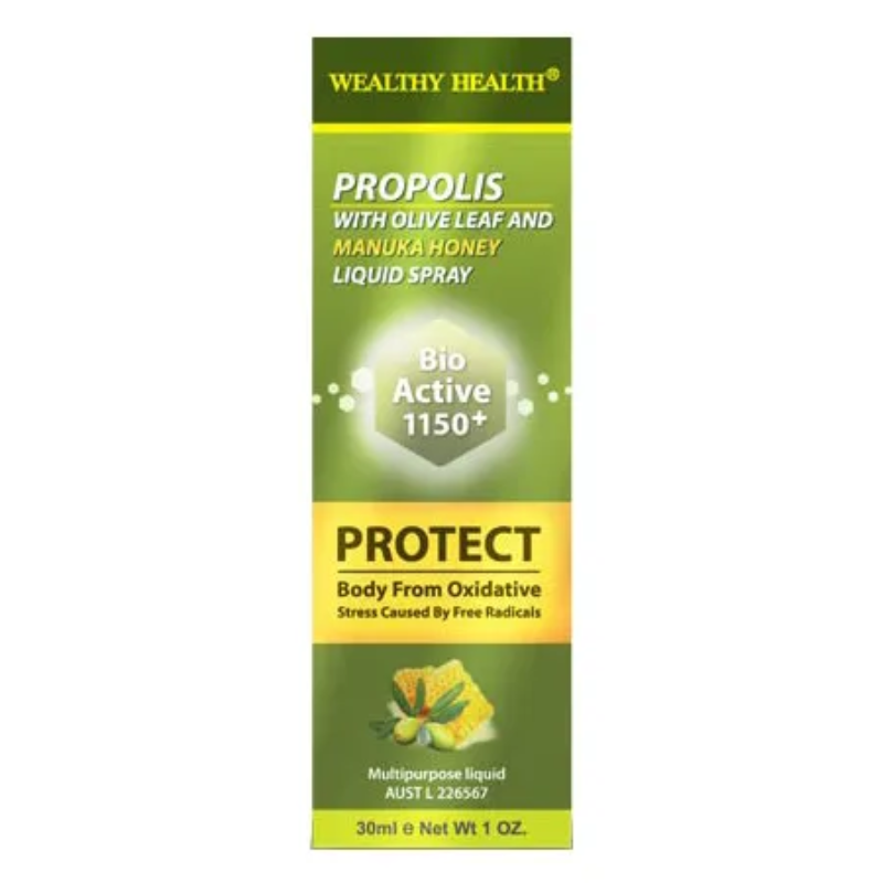 Wealthy Health Propolis Liquid Spray with Olive Leaf and Manuka Honey 30ml premium Australian propolis spray for immune support, sore throat relief, and oral health.
