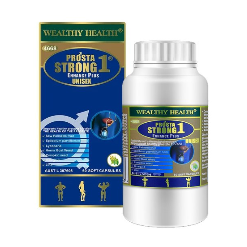 Wealthy Health Prosta Strong 1 Enhance Plus 60 Capsules premium Australian dietary supplement in easy-to-swallow capsules.