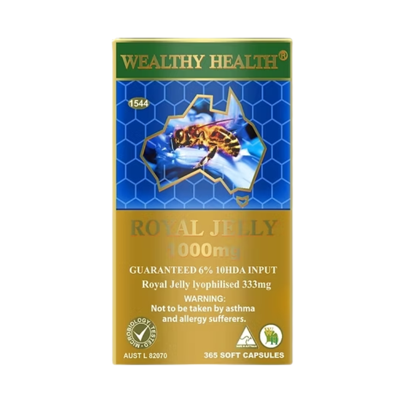 Wealthy Health Royal Jelly 1000mg 6% 365 Capsules premium Australian royal jelly dietary supplement in easy-to-swallow capsules.