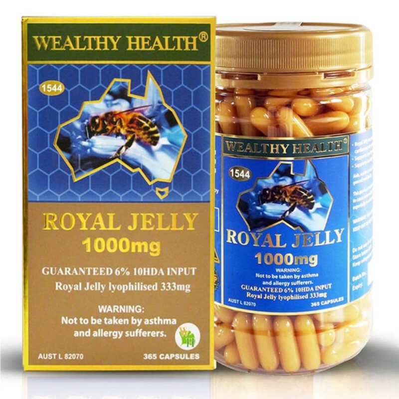 Wealthy Health Royal Jelly 1000mg 6% 365 Capsules premium Australian royal jelly dietary supplement in easy-to-swallow capsules.