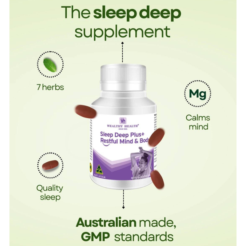Wealthy Health Sleep Deep Plus Restful Mind & Body 60 Tablets premium Australian sleep support supplement promoting relaxation and restful sleep.