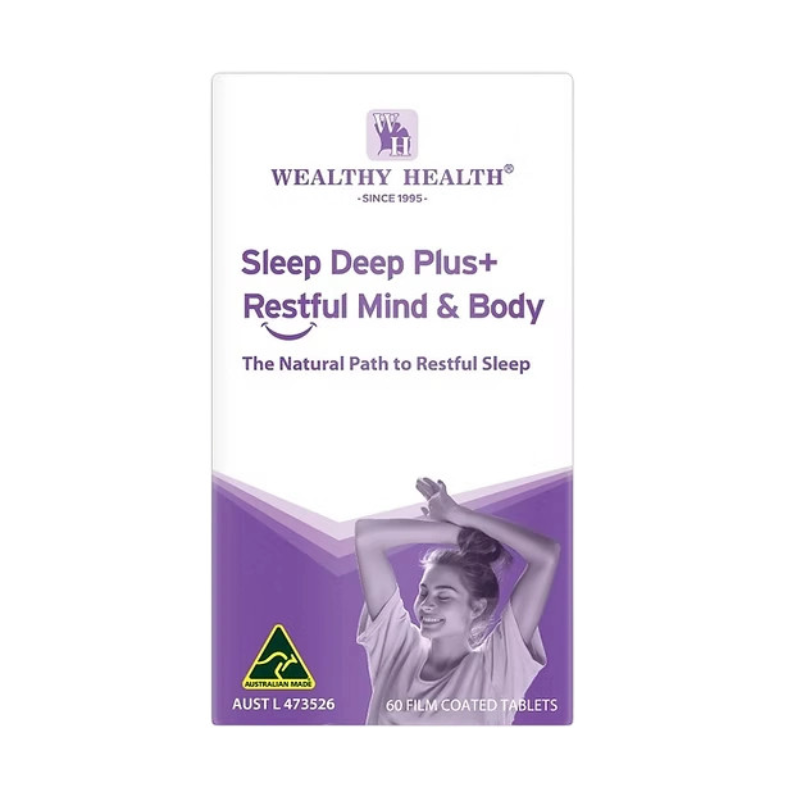 Wealthy Health Sleep Deep Plus Restful Mind & Body 60 Tablets premium Australian sleep support supplement promoting relaxation and restful sleep.