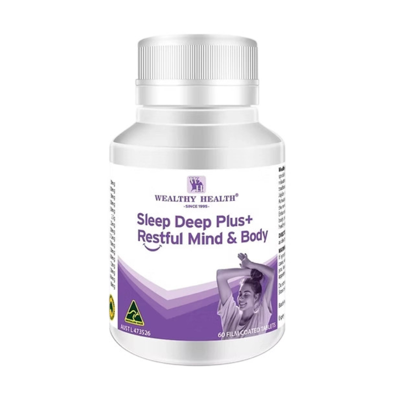 Wealthy Health Sleep Deep Plus Restful Mind & Body 60 Tablets premium Australian sleep support supplement promoting relaxation and restful sleep.