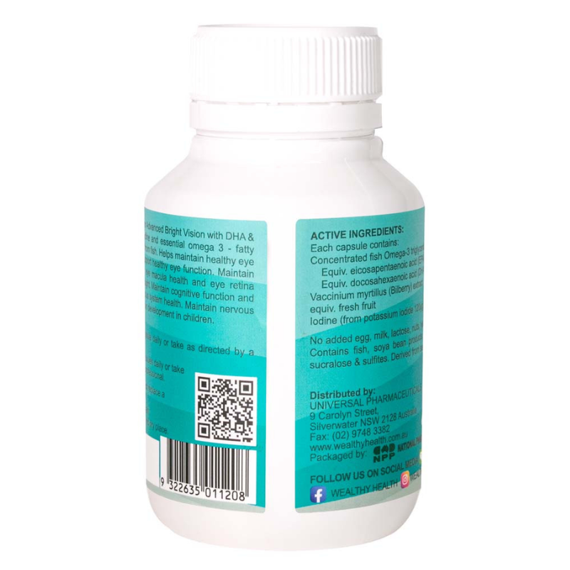 Wealthy Health Smart Junior Advanced Bright Vision with DHA and Iodine 60 blueberry flavoured capsules children's dietary supplement made in Australia.