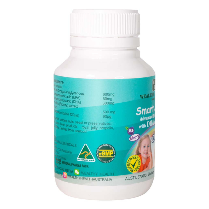 Wealthy Health Smart Junior Advanced Bright Vision with DHA and Iodine 60 blueberry flavoured capsules children's dietary supplement made in Australia.