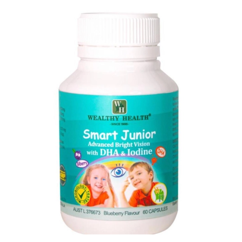 Wealthy Health Smart Junior Advanced Bright Vision with DHA and Iodine 60 blueberry flavoured capsules children's dietary supplement made in Australia.