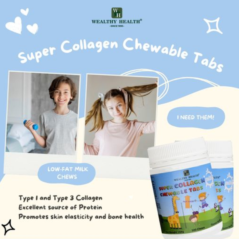 Wealthy Health Super Collagen 300 Chewable Tablets premium Australian collagen supplement supporting healthy skin, hair, nails, and joint health.