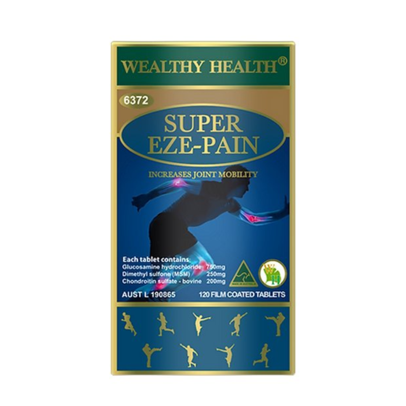 Wealthy Health Super Eze-Pain Formula 120 Tablets premium Australian dietary supplement in easy-to-swallow tablets.