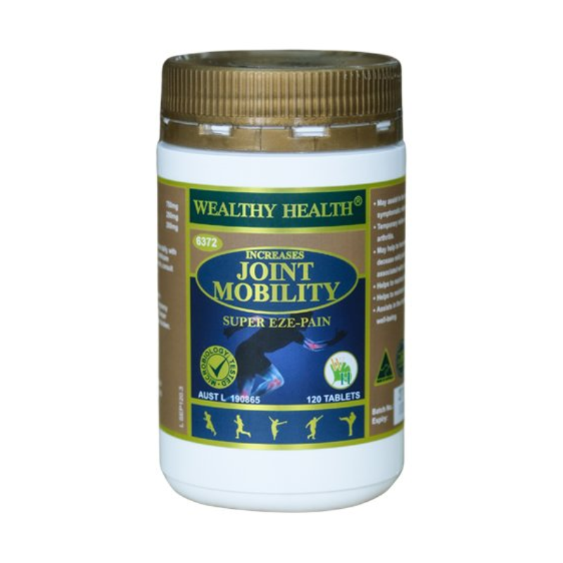 Wealthy Health Super Eze-Pain Formula 120 Tablets premium Australian dietary supplement in easy-to-swallow tablets.