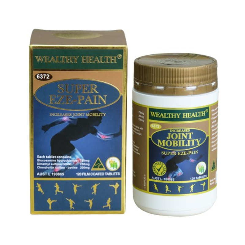 Wealthy Health Super Eze-Pain Formula 120 Tablets premium Australian dietary supplement in easy-to-swallow tablets.