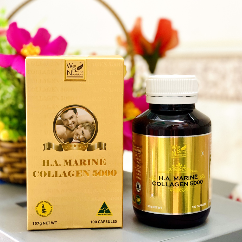 Well Being Nutrition HA Marine Collagen 5000 100 Capsules premium Australian marine collagen dietary supplement with hyaluronic acid.