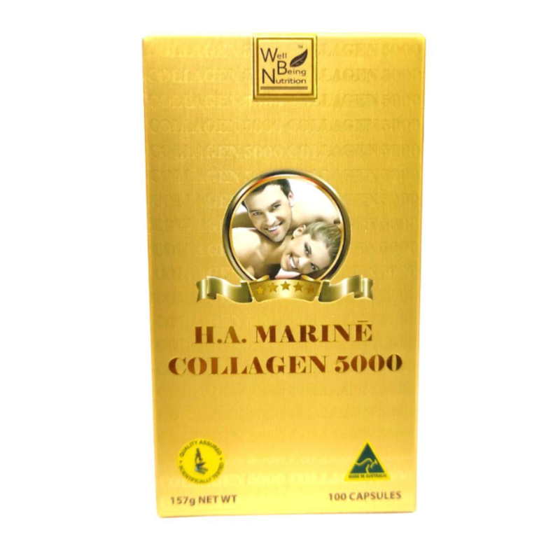 Well Being Nutrition HA Marine Collagen 5000 100 Capsules premium Australian marine collagen dietary supplement with hyaluronic acid.