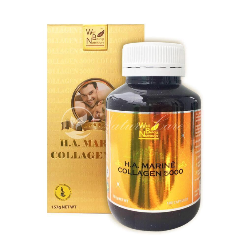 Well Being Nutrition HA Marine Collagen 5000 100 Capsules premium Australian marine collagen dietary supplement with hyaluronic acid.