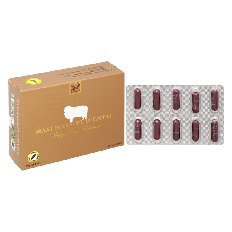 Well Being Nutrition Maxi 50000 Placental Baby Sheep Essence 100 Capsules premium Australian sheep placenta dietary supplement in an easy-to-take capsule format.