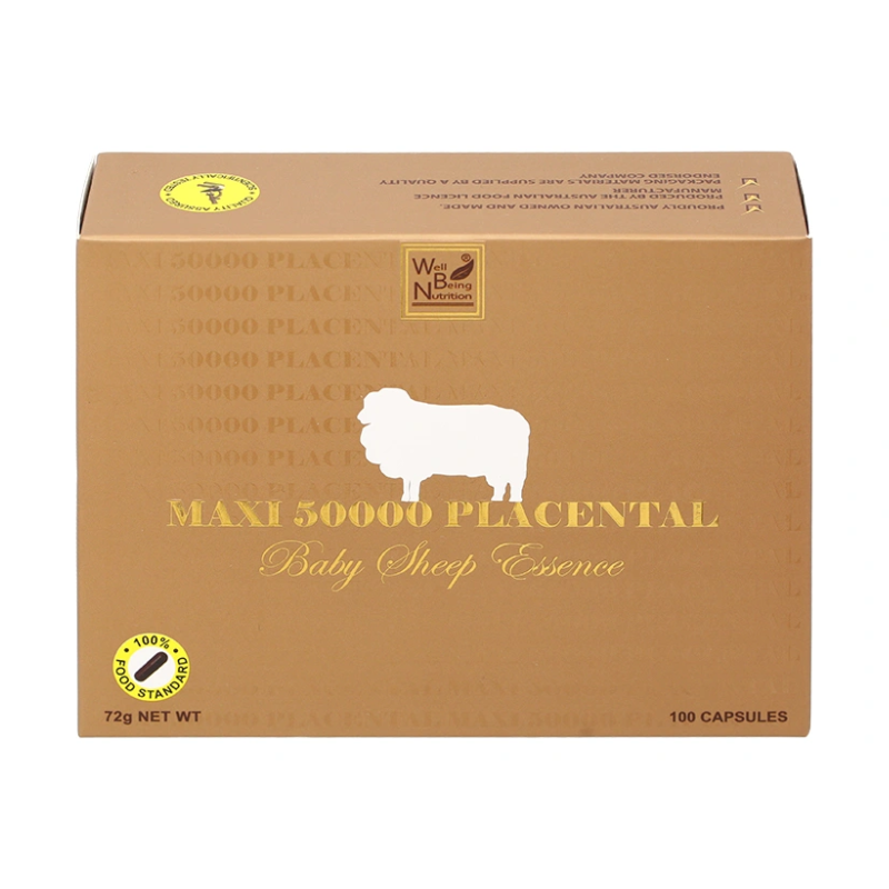 Well Being Nutrition Maxi 50000 Placental Baby Sheep Essence 100 Capsules premium Australian sheep placenta dietary supplement in an easy-to-take capsule format.