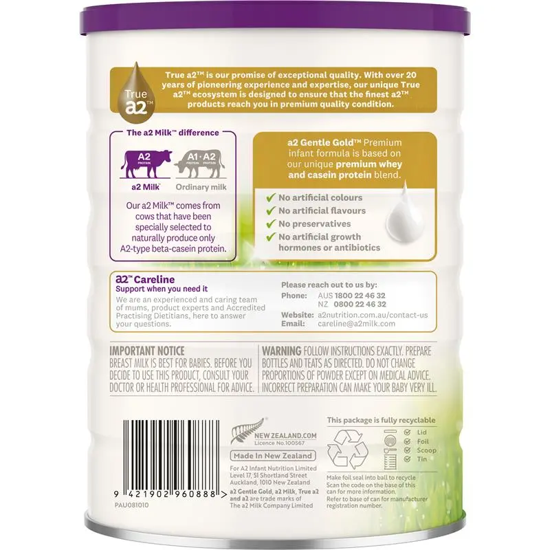 a2 Gentle Gold Premium Infant Formula Stage 1 (0–6 Months) 800g Australian infant formula milk powder