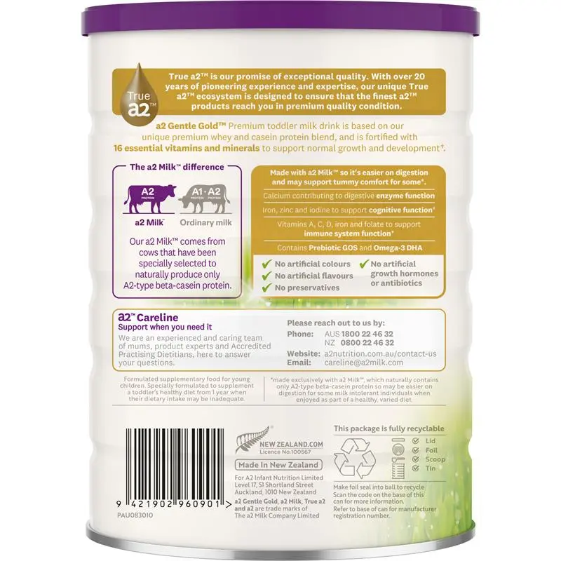 a2 Gentle Gold Premium Toddler Milk Drink Stage 3 (1–3 Years) 800g Australian toddler milk powder