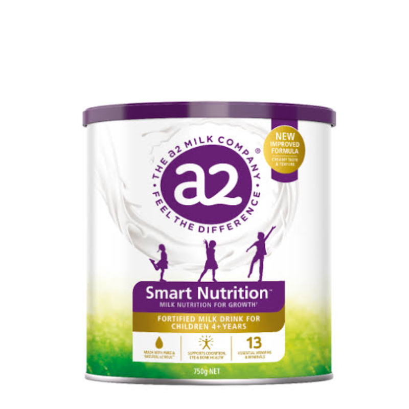 A2 Milk Company Smart Nutrition fortified milk drink for children 4+ years in a 750g canister. The canister is white with a purple lid and features the purple A2 logo, silhouettes of children, and a green-to-yellow gradient at the bottom.