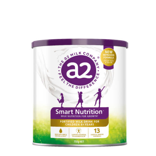 A2 Milk Company Smart Nutrition fortified milk drink for children 4+ years in a 750g canister. The canister is white with a purple lid and features the purple A2 logo, silhouettes of children, and a green-to-yellow gradient at the bottom.
