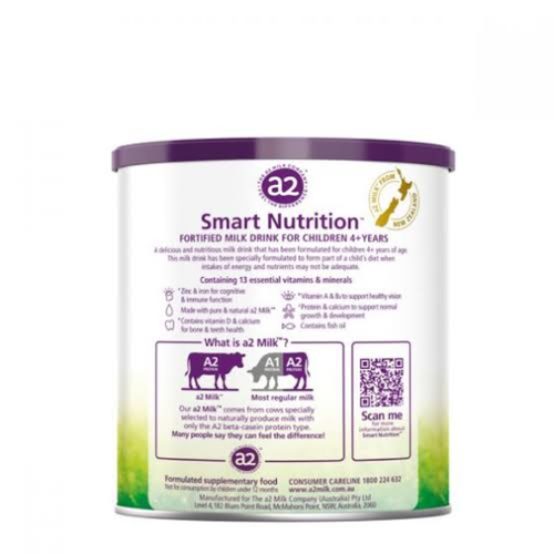 A2 Smart Nutrition Fortified Milk Drink for Children 4+ Years in a cylindrical white canister with a purple lid, on a white background.