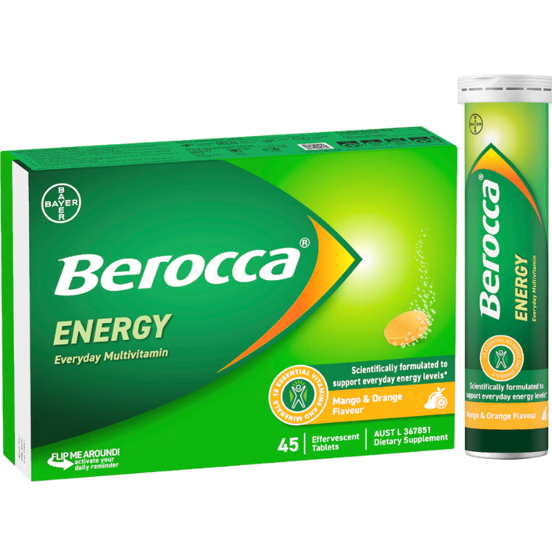 Bayer Berocca Mango & Orange New Formula 45 Effervescent Tablets multivitamin supplement