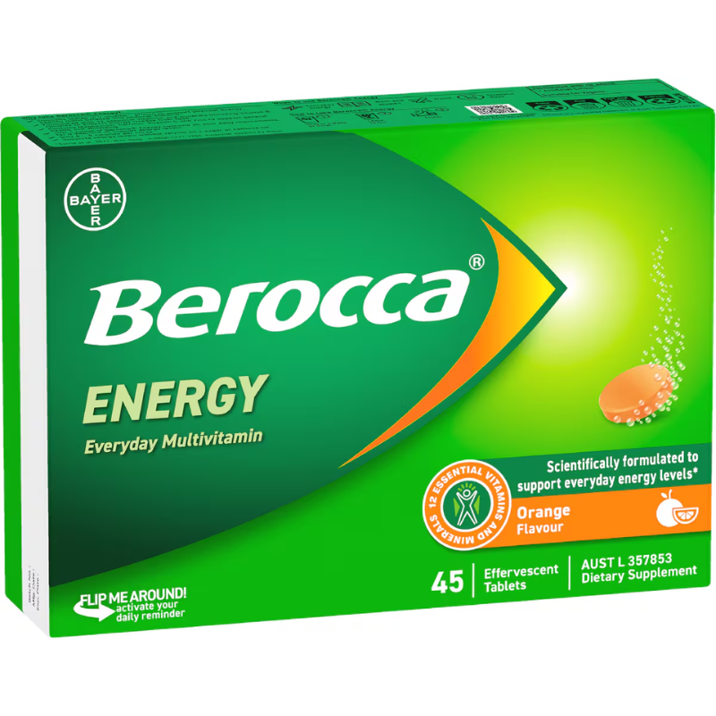 Bayer Berocca Orange New Formula 45 Effervescent Tablets multivitamin supplement with orange flavour