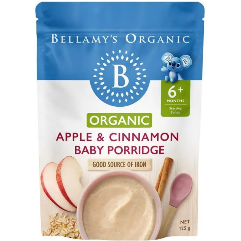 Bellamy's Organic Apple Cinnamon Baby Porridge 125g certified organic baby cereal for babies from 6 months