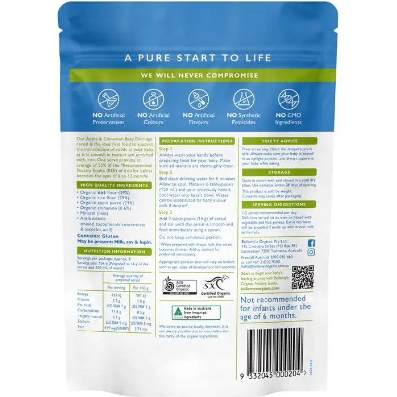 Bellamy's Organic Apple Cinnamon Baby Porridge 125g certified organic baby cereal for babies from 6 months