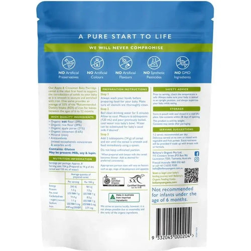 Bellamy's Organic Apple Cinnamon Baby Porridge 125g certified organic baby cereal for babies from 6 months