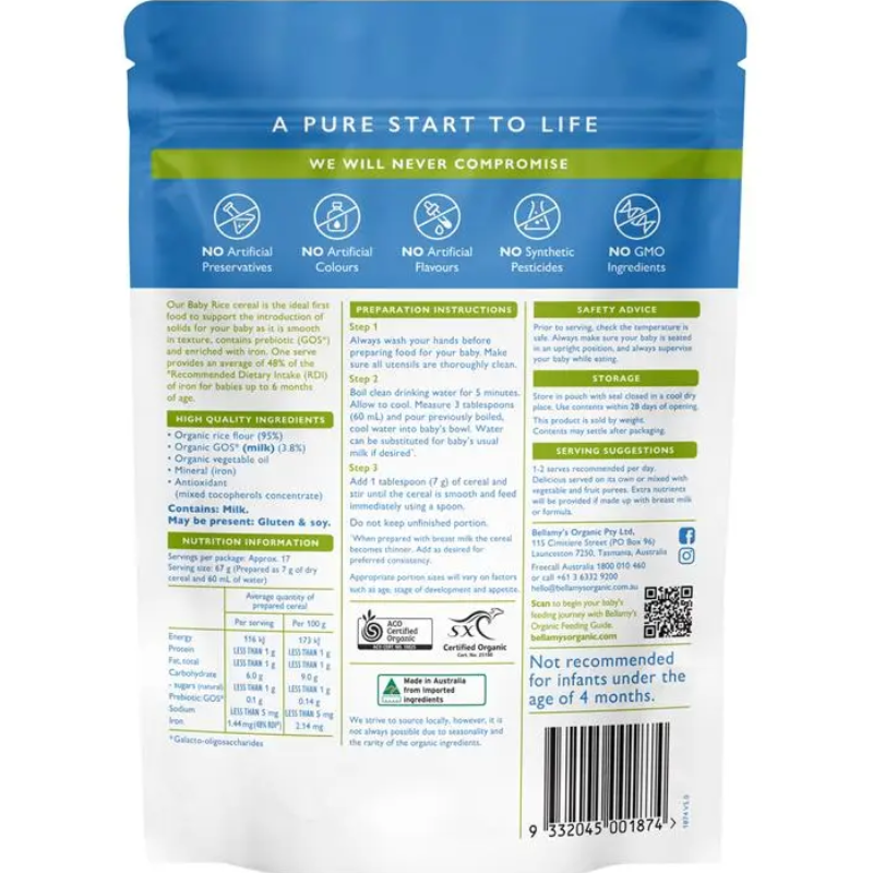 Bellamy's Organic Baby Rice with Probiotic 125g certified organic baby rice cereal suitable for babies from 4 months