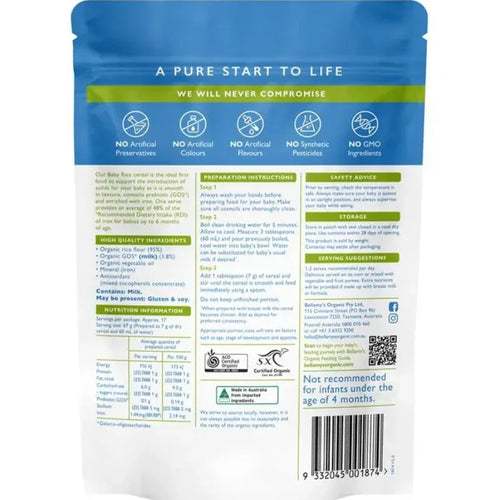 Bellamy's Organic Baby Rice with Probiotic 125g certified organic baby rice cereal suitable for babies from 4 months
