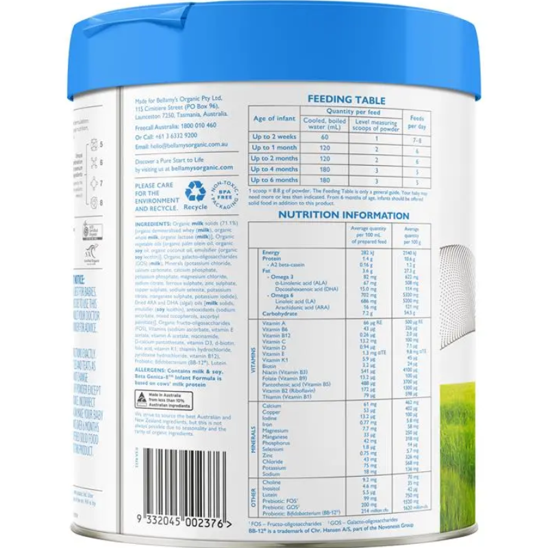 Bellamy's Organic Beta Step 1 Infant Formula 800g certified organic infant milk formula for babies from birth to 6 months