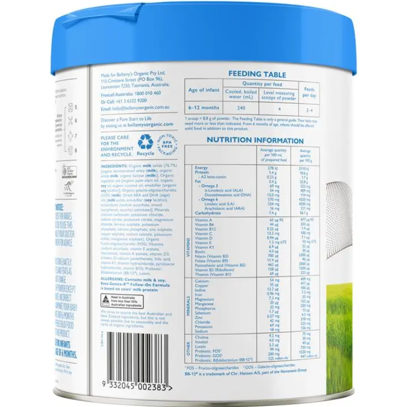 Bellamy's Organic Beta Step 2 Follow-on Formula 800g certified organic follow-on milk formula for babies 6 to 12 months