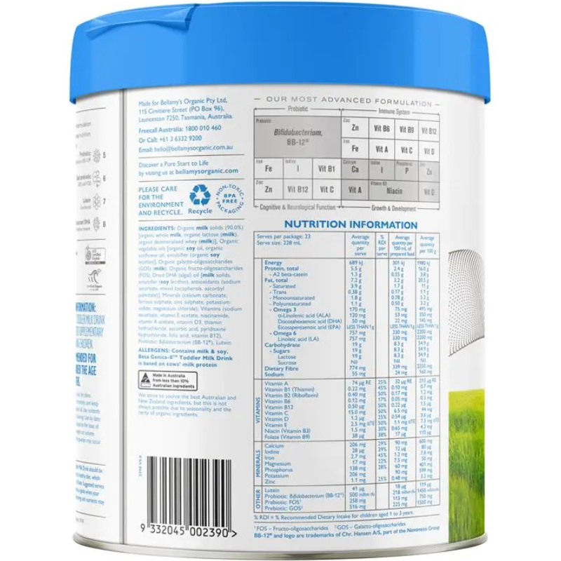 Bellamy's Organic Beta Step 3 Toddler Milk Drink 800g certified organic milk drink for toddlers aged 12 months and older