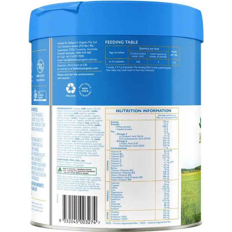 Bellamy's Organic Follow-on Formula Step 2 New 800g certified organic follow-on milk formula for babies 6 to 12 months