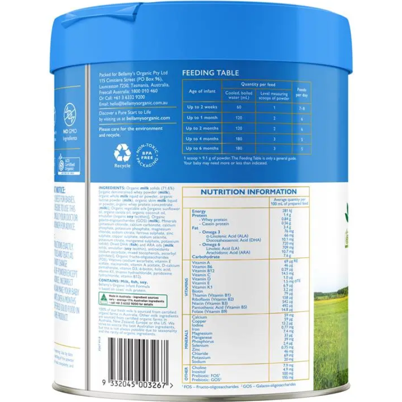 Bellamy's Organic Infant Formula Step 1 New 800g certified organic infant milk formula for babies 0 to 6 months