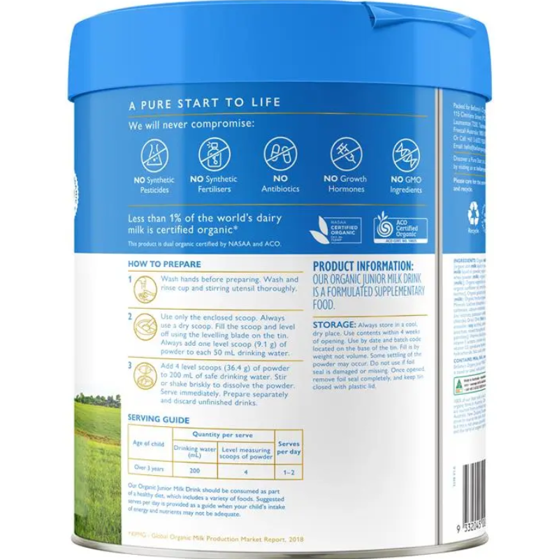 Bellamy's Organic Junior Milk Drink Step 4 New 800g certified organic milk drink for children aged 3 years and older